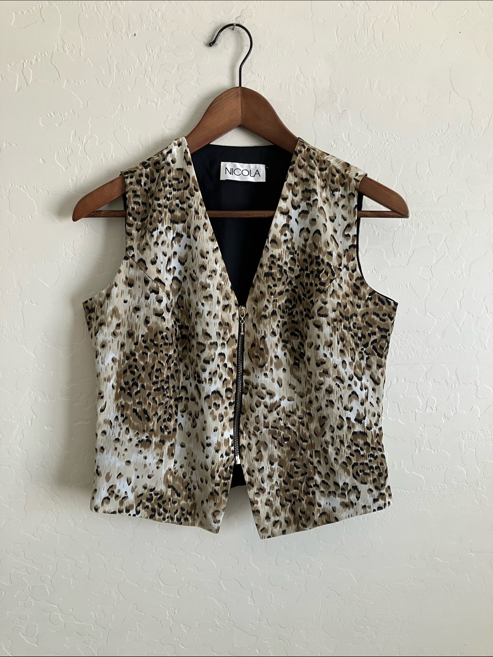 Animal Print Vest Tan Brown Zip Front 80s 90s Estimated Womens M
